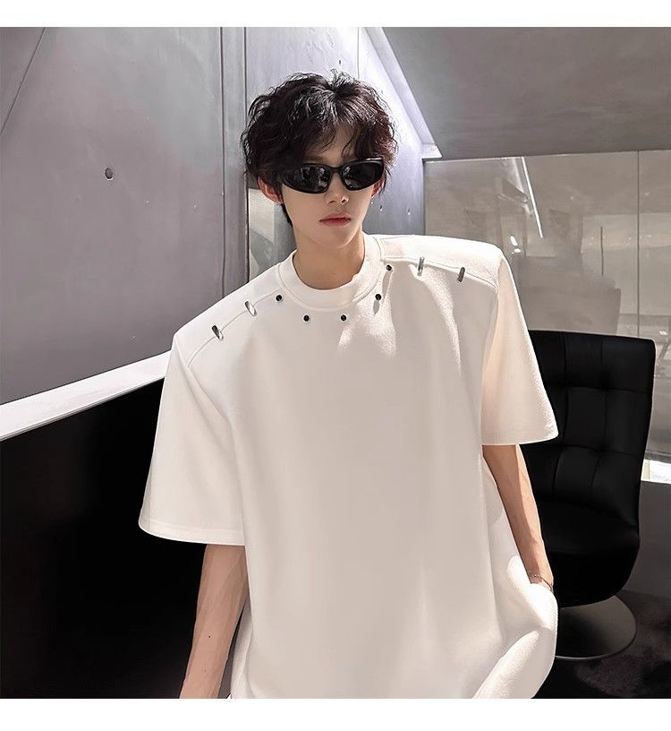 American High Street Short T-Shirt For Men Summer Trendy Loose Fit High-End Feel Padded Shoulder Versatile Five-Quarter_voghion.com