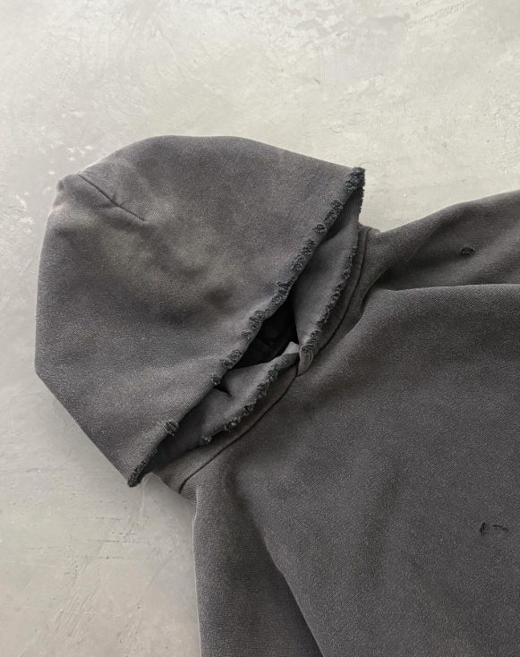 Vintage Washed Hooded Sweatshirt – Unisex Oversized Zip-Up Hoodie, Streetwear Distressed Cotton Blend Pullover With Drop Shoulder (Grey, S-XXL)_voghion.com