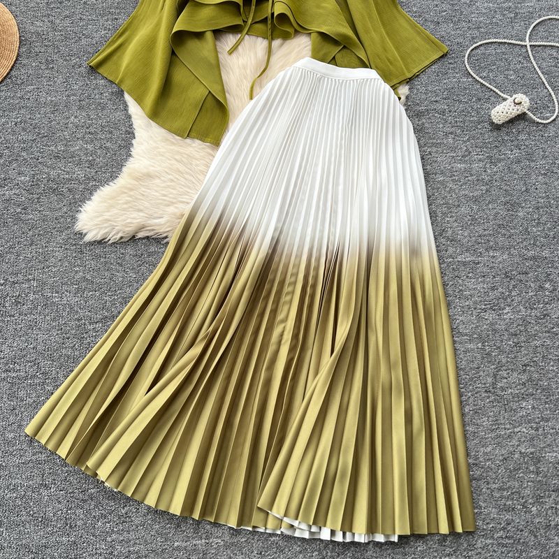 Dameklær Plisserte sommerfuglermer Gradient slipsjal Kort jakke Topp + Gradient plissert skjørt Todelt sett_voghion.com