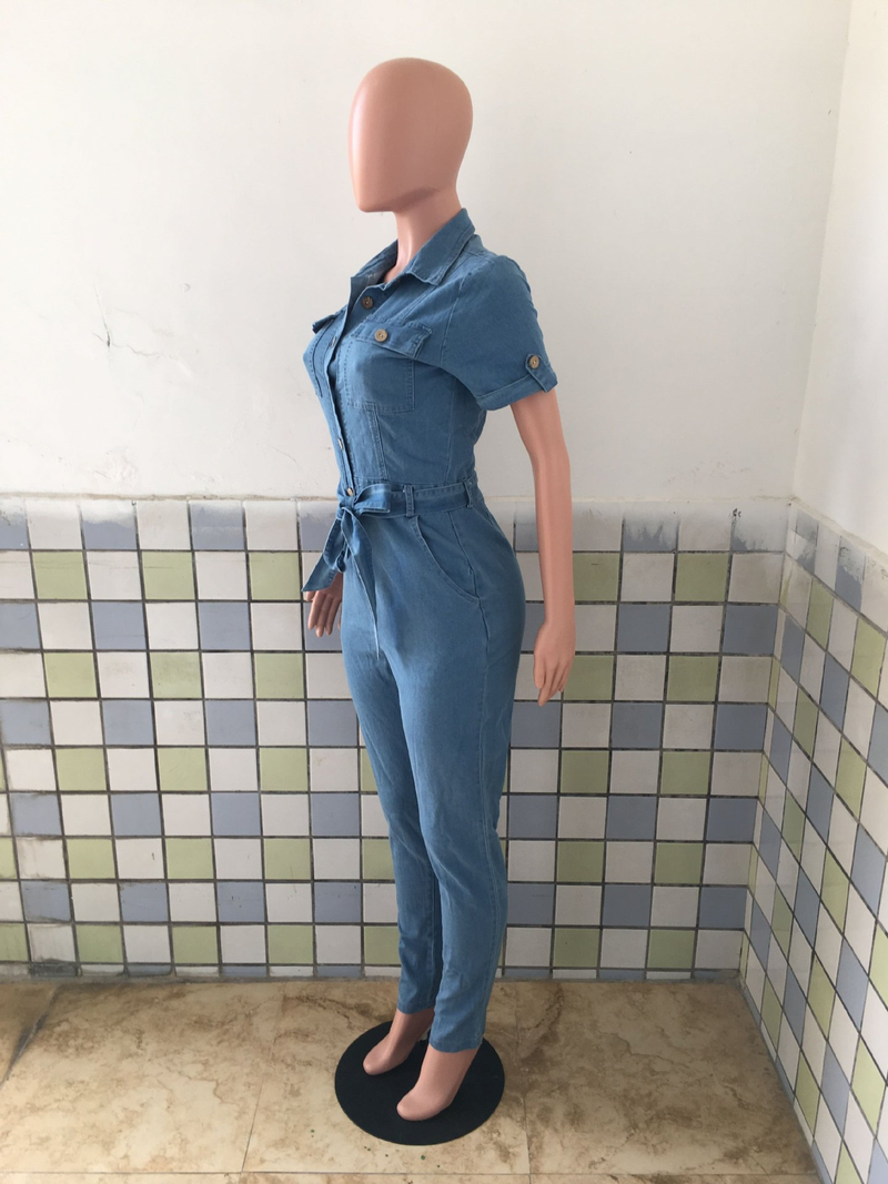 Barboteuse en jean à lacets décontractée à manches courtes pour femmes_voghion.com