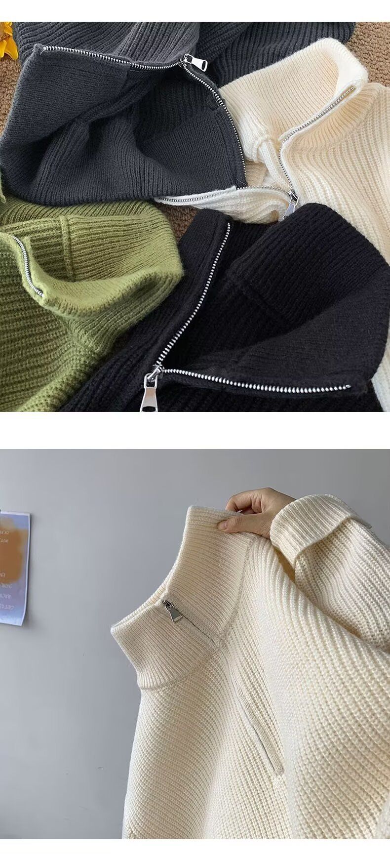 Maglione a collo alto con mezza zip, tinta unita, versatile, casual, casual, stile maschile_voghion.com