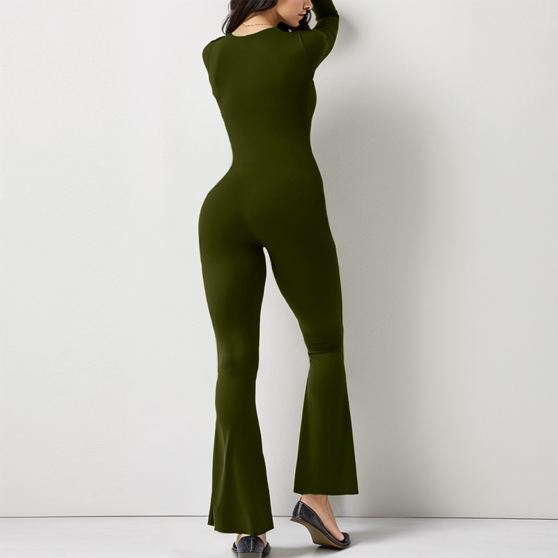 Women's long-sleeved tummy-controlling waist-raising hip-raising square-neck wide-leg high-elastic jumpsuit_voghion.com