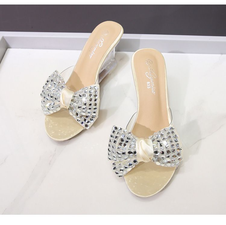 Crystal Embellished Wedge Sandals - Transparent Platform Slides With Rhinestone Decor_voghion.com