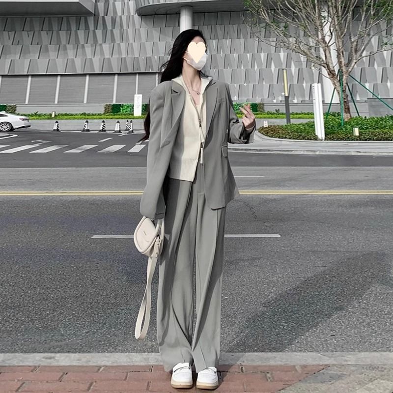 Veste blazer grise pour femme, ensemble deux pièces printemps-automne, tailleur ample et décontracté._voghion.com