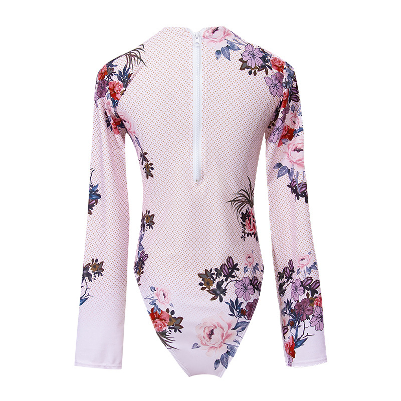 Costume da bagno intero a maniche lunghe con protezione solare alla moda da donna, vita alta, stampa rosa conservatrice_voghion.com