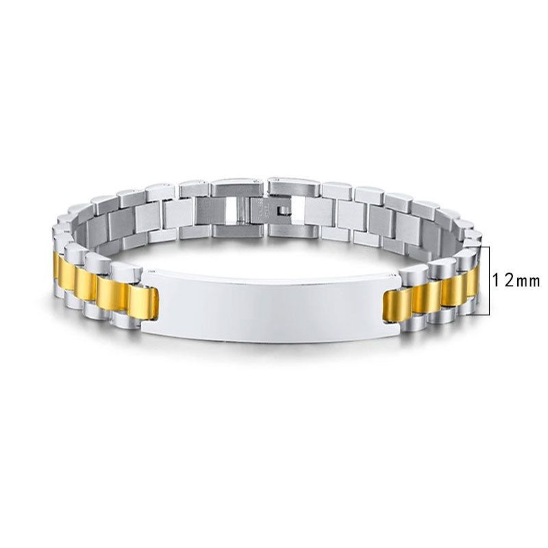 Bracciale da uomo in titanio regolabile con etichetta curva e cinturino in acciaio inossidabile dorato con incisione, vendita all'ingrosso di gioielli da donna_voghion.com