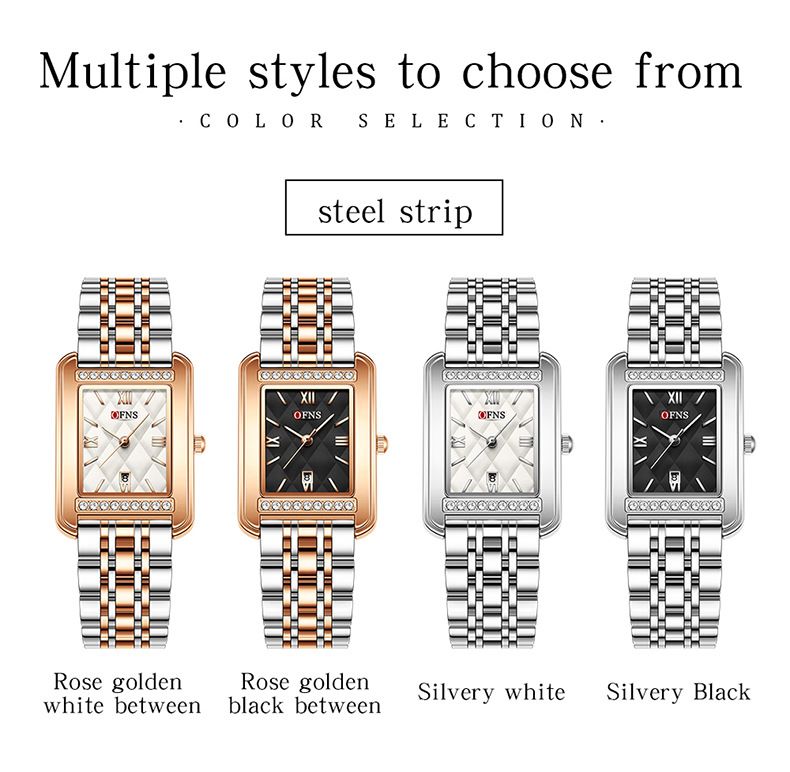 Elegante orologio quadrato da donna: numeri romani e dettagli in cristallo, cinturino in acciaio inossidabile, datario, orologio resistente all'acqua_voghion.com