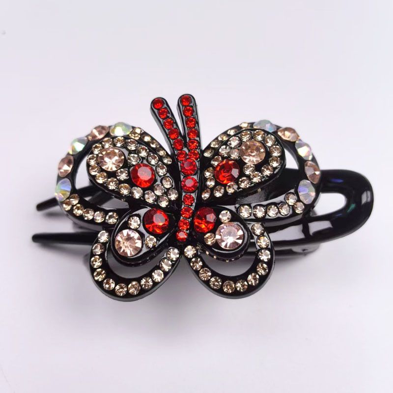 Fermaglio a becco d'anatra con strass per acconciatura raccolta, elegante fermaglio per capelli in stile coreano con design a farfalla con strass, fermaglio a tre denti, forcina per capelli._voghion.com