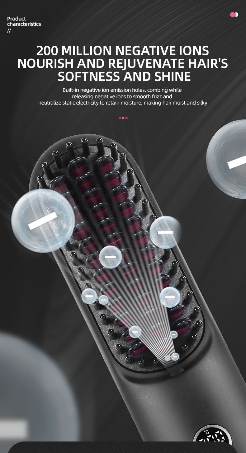 Wireless Ionic Straightening & Styling Brush – 2-in-1 Detangling & Curling, LCD Temperature Display, Fast USB-C Charging, Travel-Friendly_voghion.com