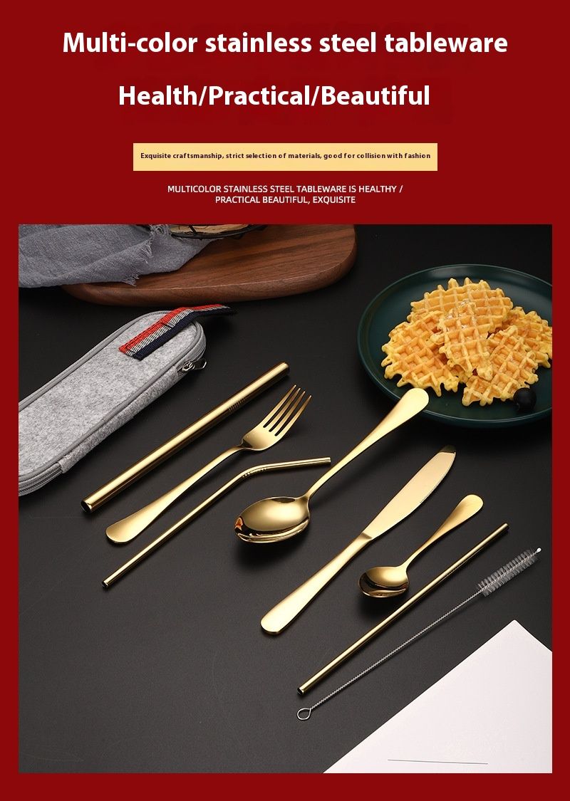 Outdoor portable stainless steel fork, spoon, straw set of 9 pieces, Western style steak knife, zipper ba, tableware_voghion.com