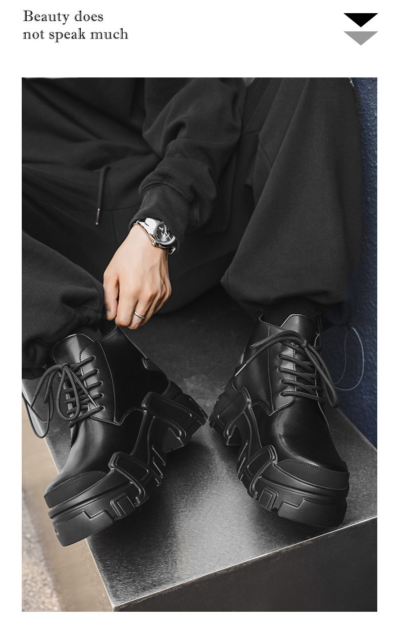 Men's Commuter Big Head Casual Leather Shoes, High Sense Of Heightening, Round Head Martin Boots_voghion.com