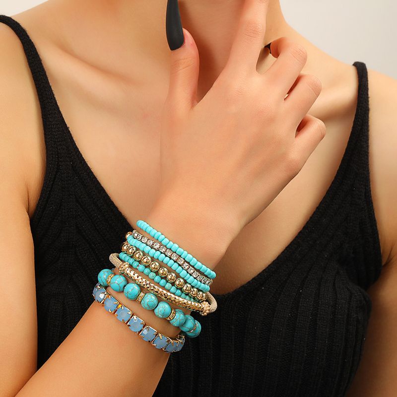 Bohemian Turquoise Round Bead Bracelet Set Retro Elastic Rhinestone Rice Bead Bracelet Hand Ornaments Hand String_voghion.com
