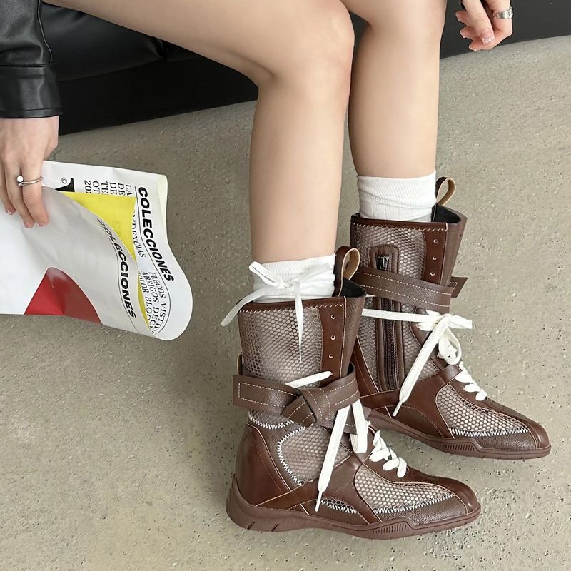 Women Boxing Boots Instant Dispatch ~ Niche Design Thin Mesh For Women Summer Outdoor Wear Height Increasing Boxing Boots Lace-Up Hollow_voghion.com