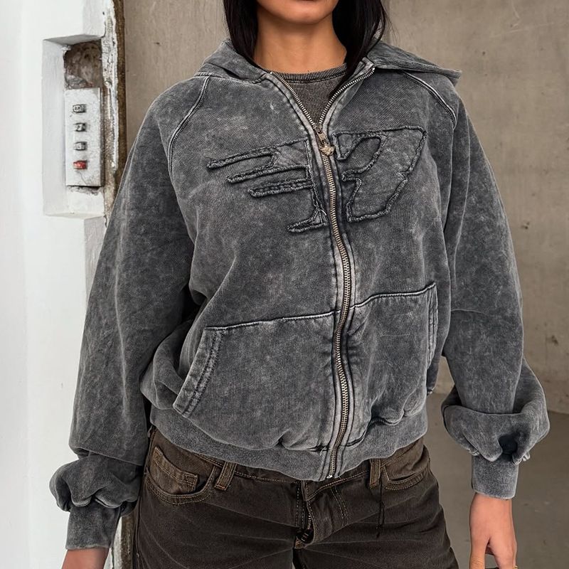 Felpa con cappuccio effetto consumato – Giacca oversize con zip in stile streetwear punk con stampa geometrica_voghion.com