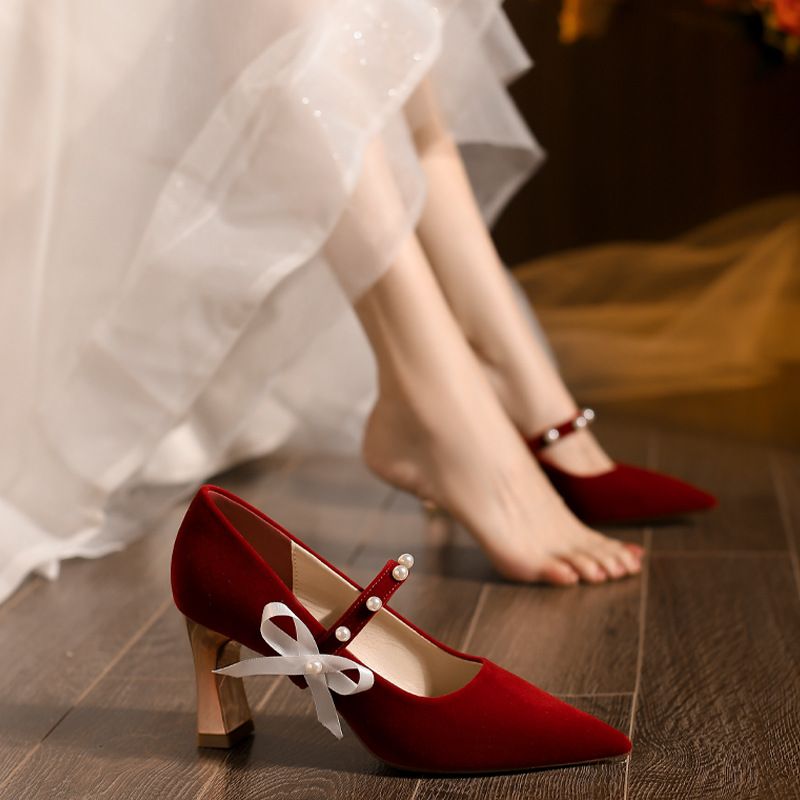 Bow High C735-1 Champagner Heels Neue Zeremonie für Erwachsene im französischen Stil, klobiger Absatz, spitze Zehenpartie, Abendschuhe, Größe 32-32-_voghion.com