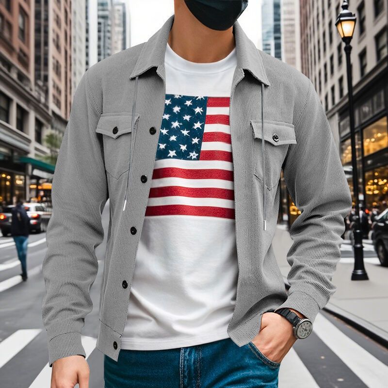 Autumn American Heavy Corduroy New Simple Versatile Multi Pocket Long Sleeved Stand Up Collar Jacket Men's Clothing_voghion.com