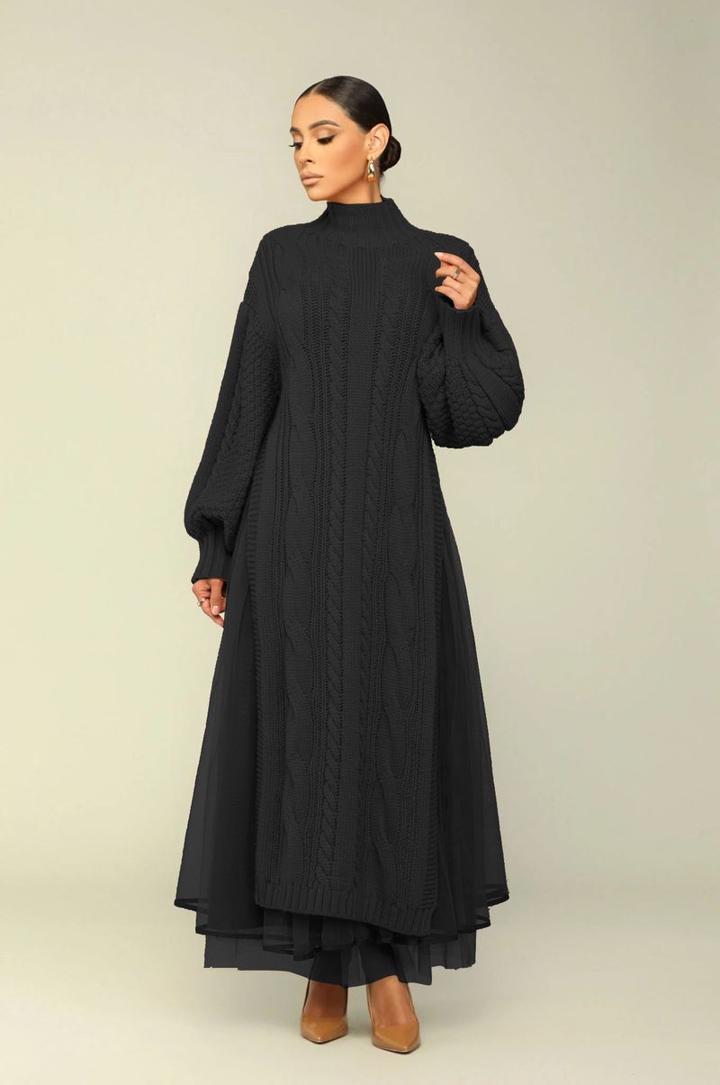 Completo da donna in maglia a strati - Pullover a maniche lunghe con collo alto e vestibilità ampia (bianco/nero/rosso/verde/marrone chiaro/rosa)_voghion.com
