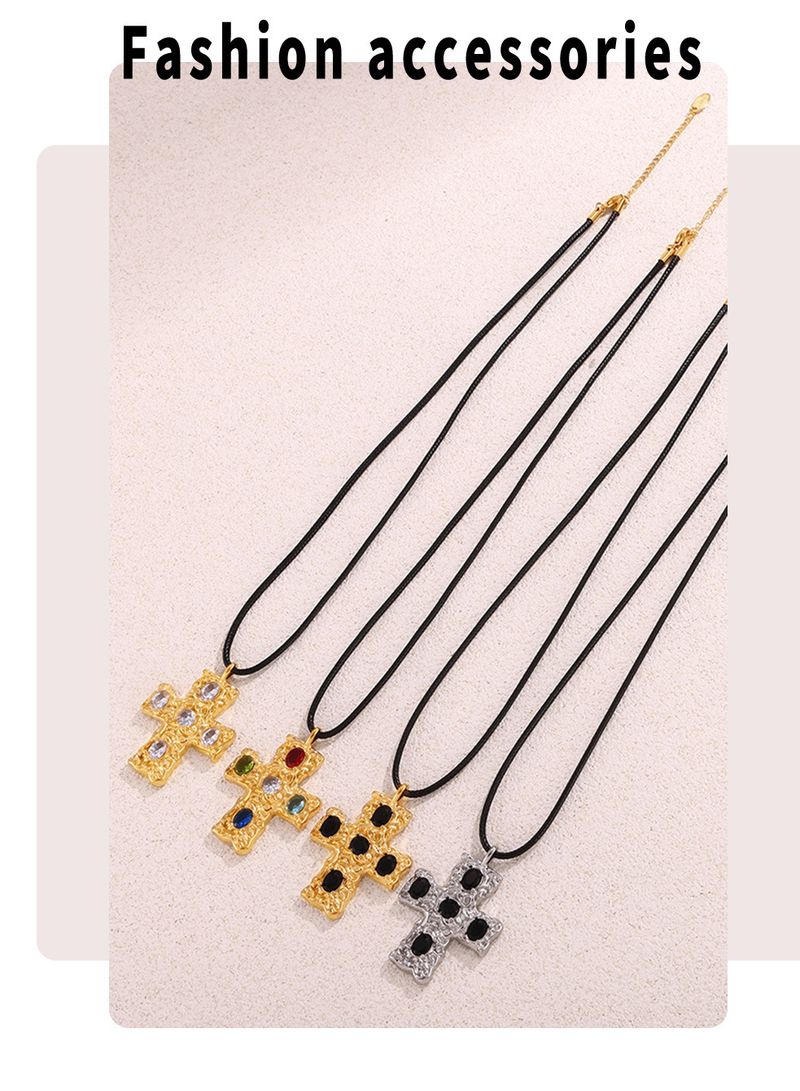 Collana con croce in vetro, collana con corda nera, gioielli in acciaio al titanio_voghion.com