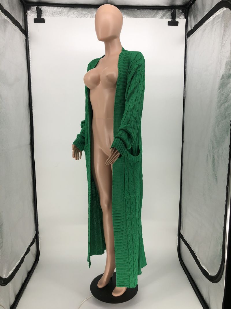 Damenbekleidung Locker gestrickte Strickjacke, gemütliche, übergroße Strickjacke mit Taschen, langer Zopfmuster-Pullovermantel, lockerer Boho-Chic, offene Vorderseite_voghion.com