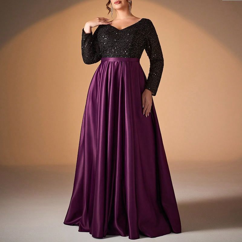 Elegante vestido de noche de satén negro con lentejuelas, escote en V y mangas largas para mujer: perfecto para fiestas, galas y ocasiones especiales._voghion.com