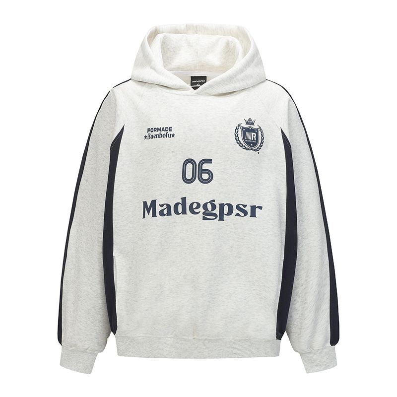 Felpa con cappuccio e stampa di lettere vintage per uomo e donna - Pullover con spalle scese dalla vestibilità comoda e design patchwork_voghion.com