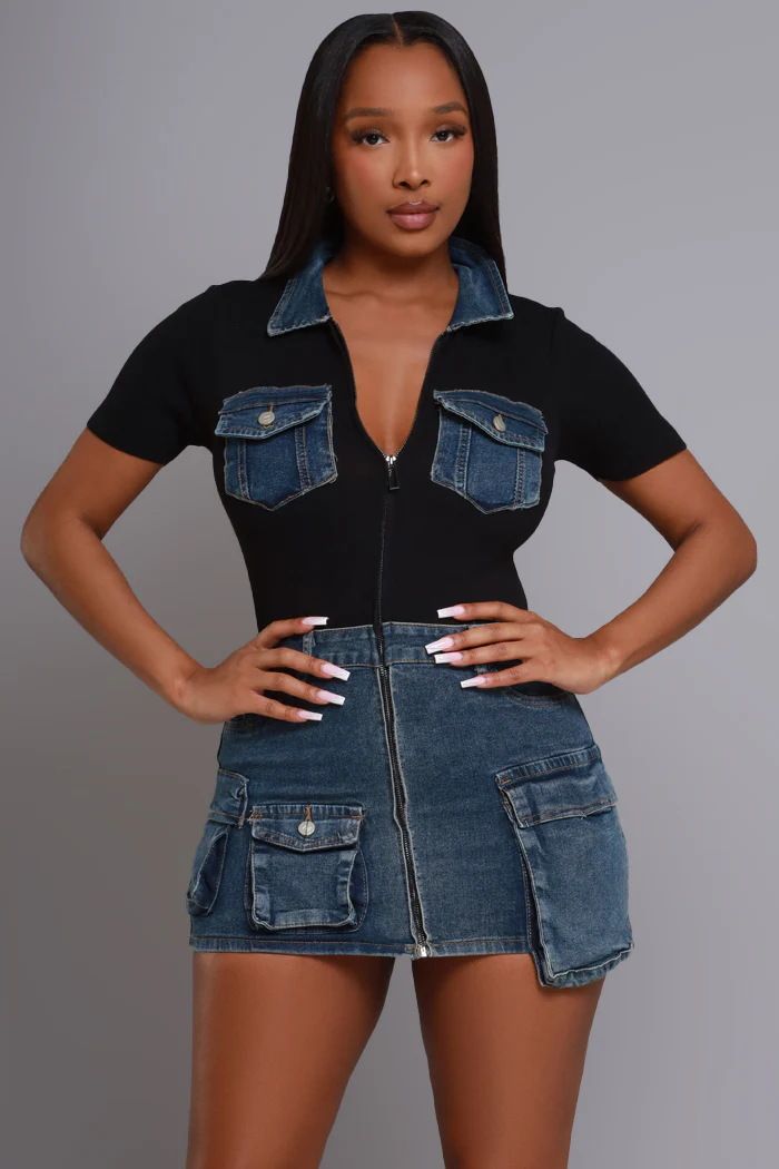 Abito in denim aderente sexy con tasca e cerniera a maniche corte, da donna_voghion.com
