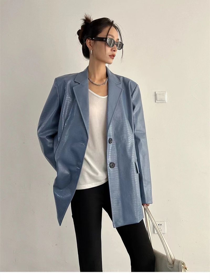 Giacca in pelle da donna di marca europea e americana alla moda, giacca da abito autunnale e invernale in pelle PU con texture avanzata_voghion.com