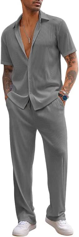 Calças compridas de manga curta de cor sólida masculina nova solta conjunto casual_voghion.com