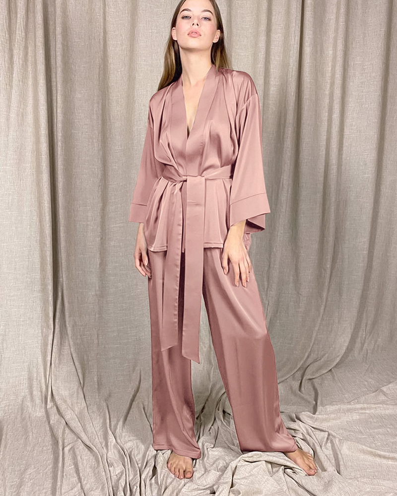 Cardigã de cetim feminino com renda, camisola e pijama de cor sólida, conjunto solto para casa_voghion.com