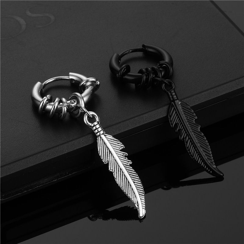 Pendientes de aro de acero de titanio con plumas, estilo hip hop callejero, colgantes de moda, joyería_voghion.com