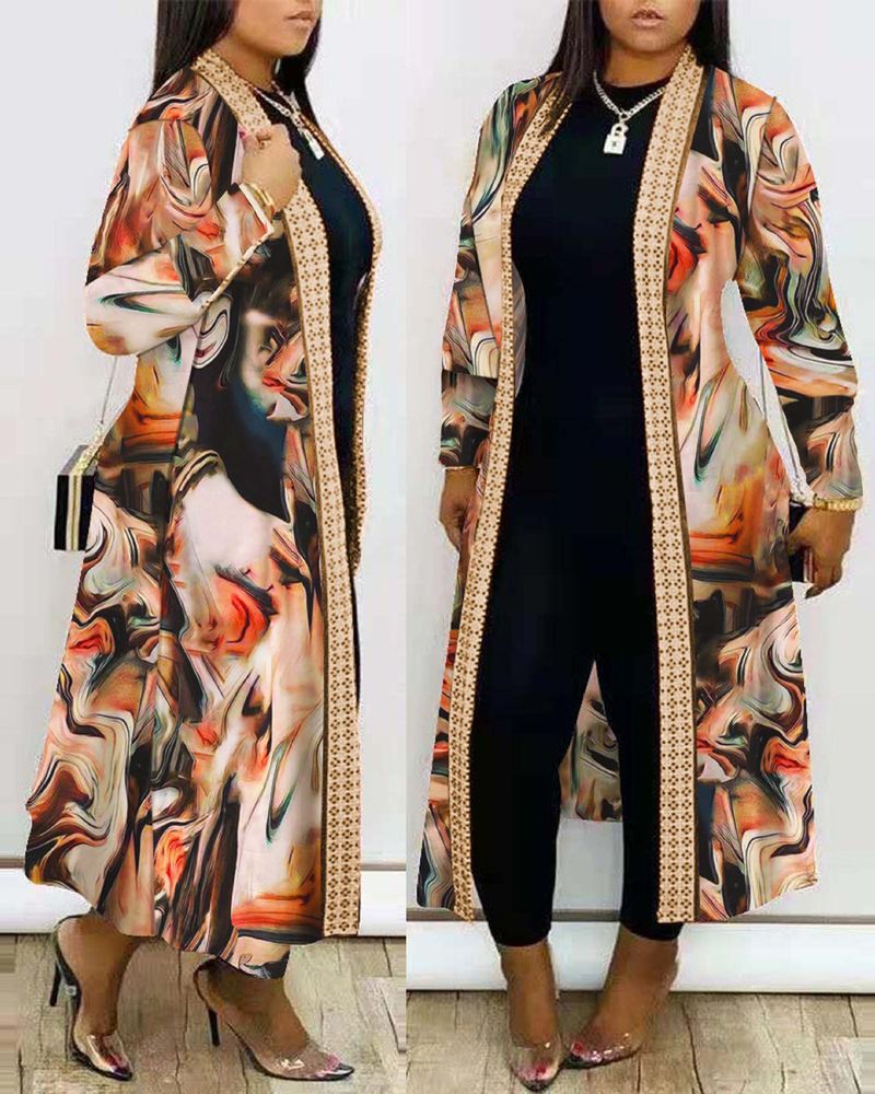 Women's Autumn New Long Sleeve Cardigan Unique Printed Shawl Trench Coat_voghion.com