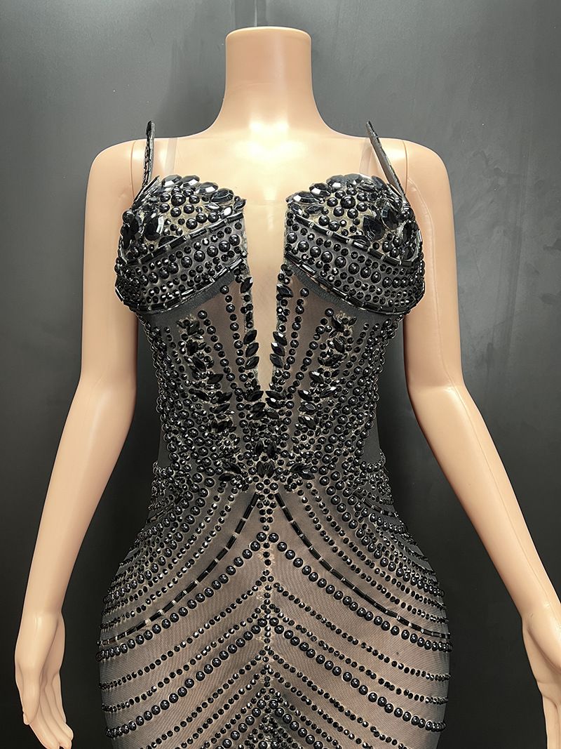 Damenbekleidung Schwarzes Strass-Federkleid Mesh Rotes Abendkleid Elegantes Kleid_voghion.com