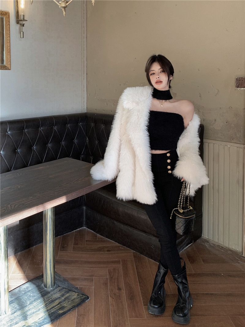 Maglione invernale da donna con bretelline imbottite bianche, interno in pile, top a tubino caldo_voghion.com