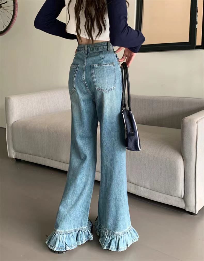 Vêtements pour femmes, design de niche, ludique, volants, droit, rétro, jeans, femmes, automne, taille haute, slim, jambes larges, tendance_voghion.com