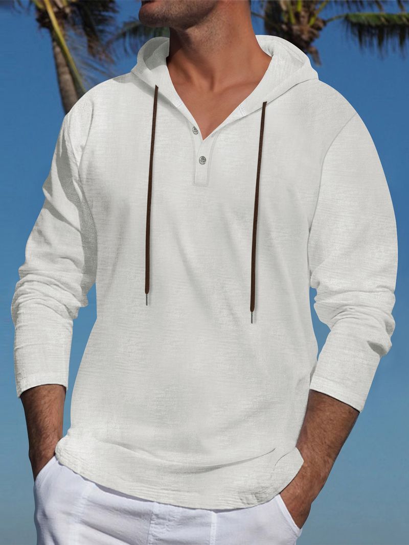 Męska koszulka z kapturem z mieszanki lnu – lekka bluza z długim rękawem i dekoltem w serek, niezbędnik w swobodnym stylu ulicznym (biało-czarno-niebiesko-szary)_voghion.com