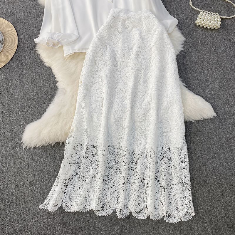 Camicia da donna con fiocco, scollo rotondo, maniche a lanterna, top, tuta, gonna a vita alta in pizzo sottile e patchwork_voghion.com