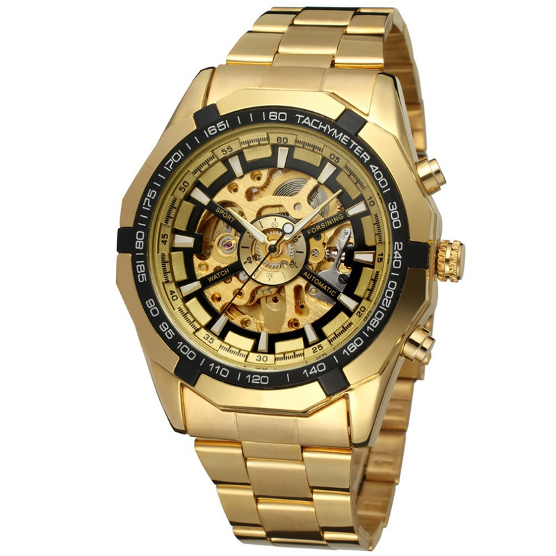 Forsining 340 Men's Automatic Mechanical Watch With Golden Stainless Steel Band, Chronograph & World Time Function, 46mm Round Case_voghion.com