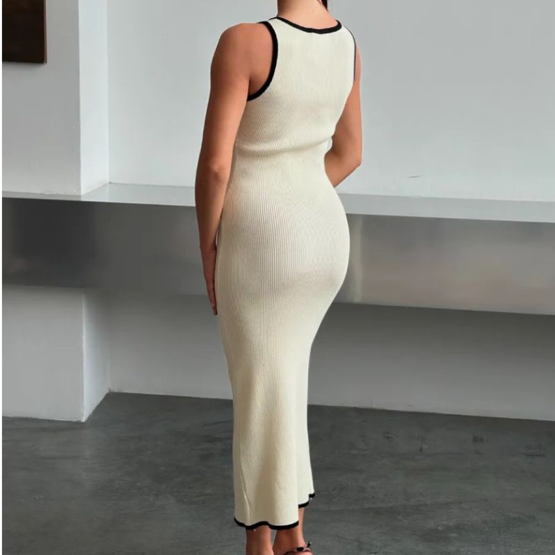 Damenbekleidung Westenkleid Kontrastfarbe Einreihig Multi Knopf Schlitz Langes Strickkleid_voghion.com