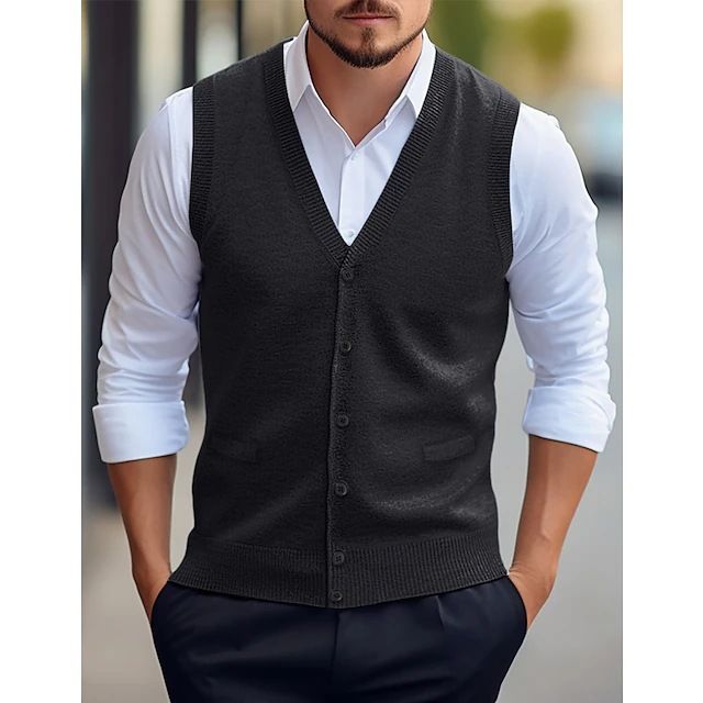 Herrenweste im Slim Fit aus Wollmischung, lässige ärmellose Strickjacke für alle Jahreszeiten, zweireihige Weste mit V-Ausschnitt in Unifarben_voghion.com