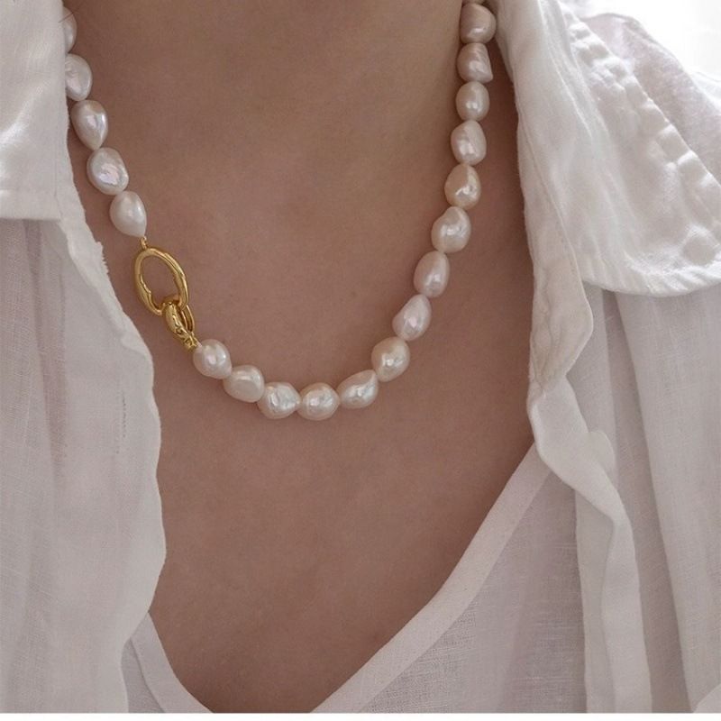 Collana girocollo con perle barocche d'acqua dolce da donna - Collana con perline grandi e irregolari_voghion.com