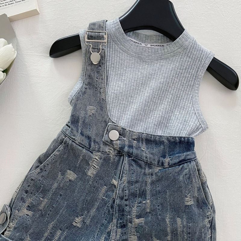 Vêtements pour enfants, ensemble d'été pour filles, haut sans manches et short en jean imprimé, ensemble deux pièces, tenue tendance pour bébé fille_voghion.com