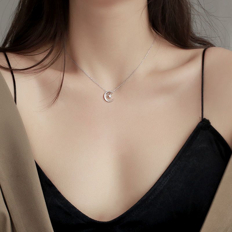 Collana con stella e luna per donna, argento puro, ciondolo dal design di nicchia, stile Ins, semplice e alla moda, clavicola leggera e lussuosa_voghion.com