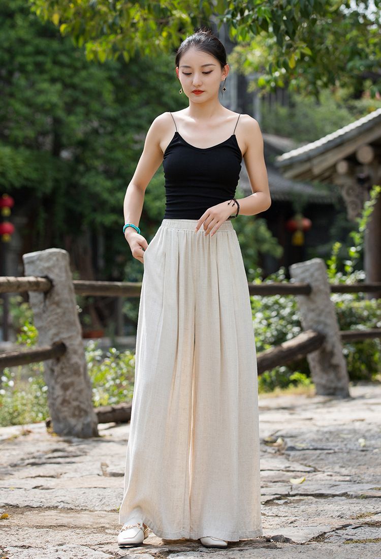 Women's Clothing Textured Linen Versatile Version Lengthen Legs Elegant and Chic Women's Skirt Pants Wide-leg Pants_voghion.com