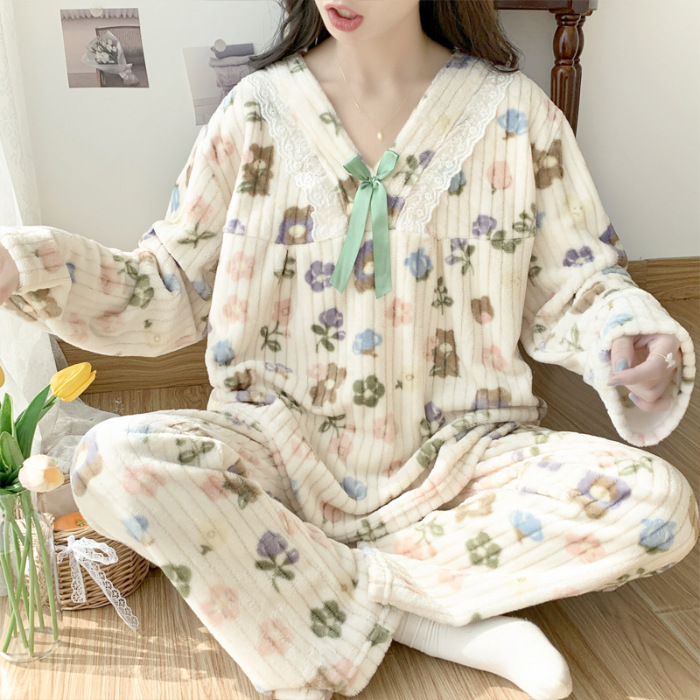 Flanell-Nachtwäsche für Frauen im Herbst und Winter 2023, süßes zweiteiliges Set mit langen Ärmeln und langen Hosen, Übergröße 240 Pfund nach Hause_voghion.com