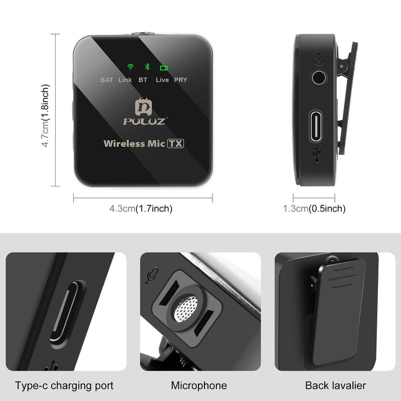 Belaidis prisegamas mikrofonas iPhone / iPad, 8 kontaktų imtuvas ir dvigubi mikrofonai (juodas)_voghion.com