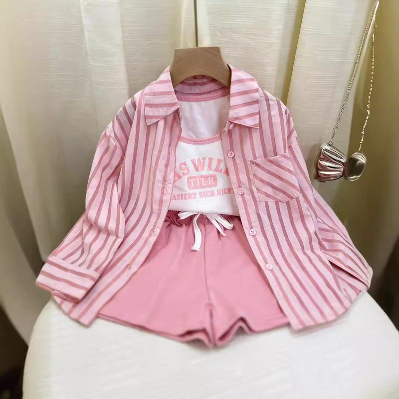 Kid's Clothing 2024 early autumn new girls' casual striped sunscreen shirt stylish vest shorts three piece set_voghion.com