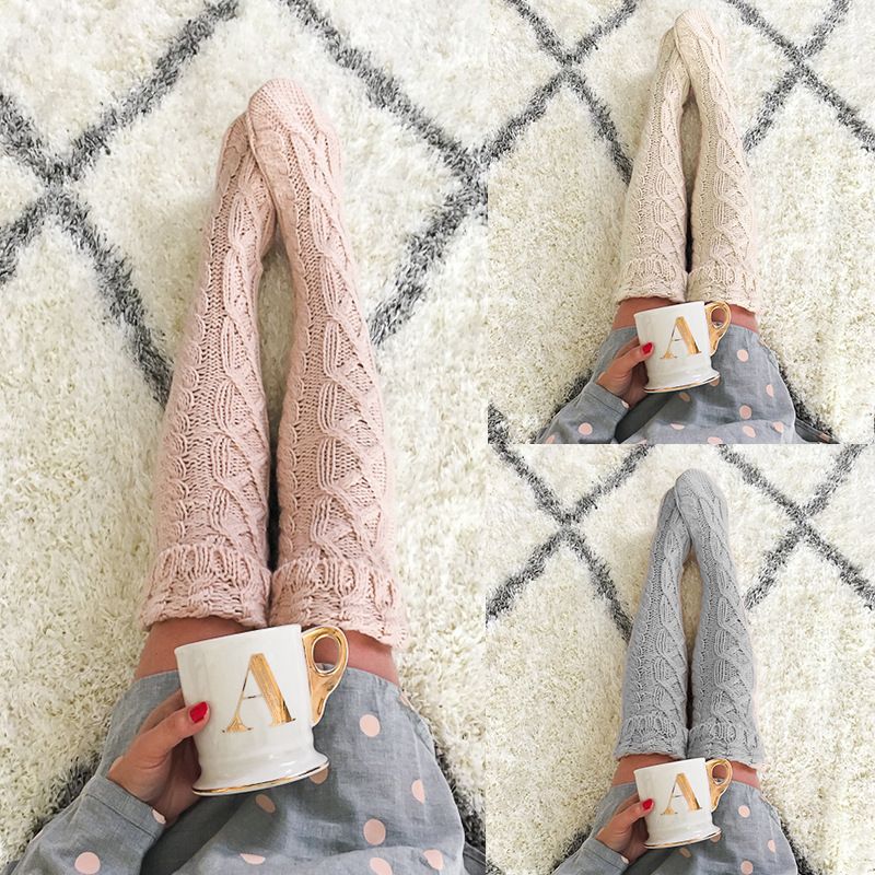 2025d Hochwertige, modische Overknee-Socken mit Zopfmuster und Bündchen für Damen, einfarbig, Wollsocken bis zur Mitte der Wade_voghion.com