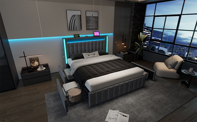 Lit double avec rangement et lattes en bois, chargement USB Type-C, éclairage LED et 4 tiroirs, gris (matelas non inclus). Lit enfant 140 x 200 cm._voghion.com
