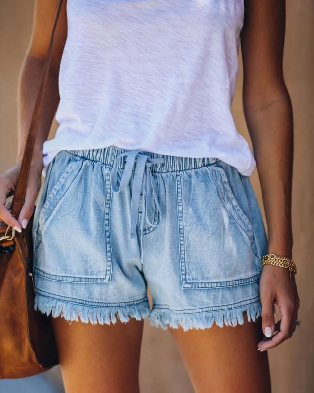 2025s 2025 Summer New Elastic Drawstring Casual High Waist Slimming Denim Shorts For Women_voghion.com