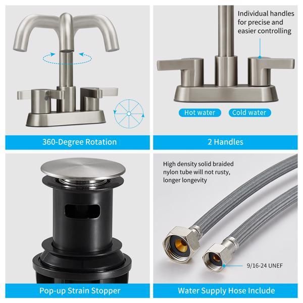 Bathroom Faucet 2 Handle 4 Inch Centerset Bathroom Sink Faucets 3 Hole with Pop Up Drain and Water Supply Lines, Brushed Nickel_voghion.com